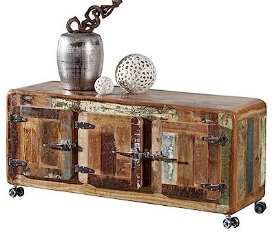 MASSIVMOEBEL24.DE | FREEZY Sideboard aus Massivholz und Eisen #04 | rollbar | Altholz - Mehrfarbig, lackiert | Industrial-Stil | 126x40x56 cm | massives Sideboard aus Vollholz