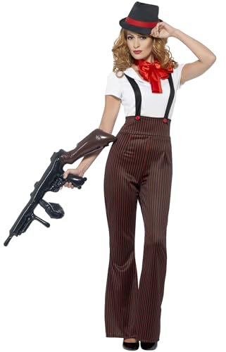 Smiffys Glam Gangster Kostüm, Schwarz Rot, mit Oberteil, Hose, vorgetäuschten Hosenträgern, Krawatte Hut