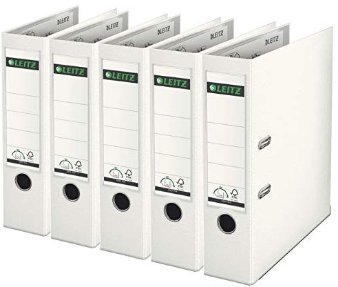 Leitz 1010 Aktenordner, Kunststoff, breit, mit patentierter 180°-Präzisionsmechanik, 5er Sparpack | 8cm Breit, Weiß, 1