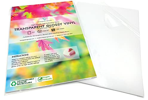 10 Blatt Vinyl-Sticker, A4, Klar/Transparent, Selbstklebend, Glänzend, mit Ink Jet Bedruckbar, Nicht Wasserfestes, Glänzendes Finish – Erstellen Sie Ihre Eigenen Aufkleber, Produktetiketten