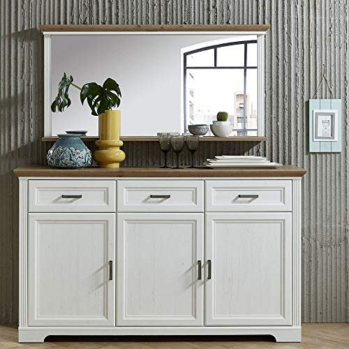 Lomadox Sideboard und Spiegel Set in Pinie weiß und Artisan Eiche Nb. Landhaus-Stil