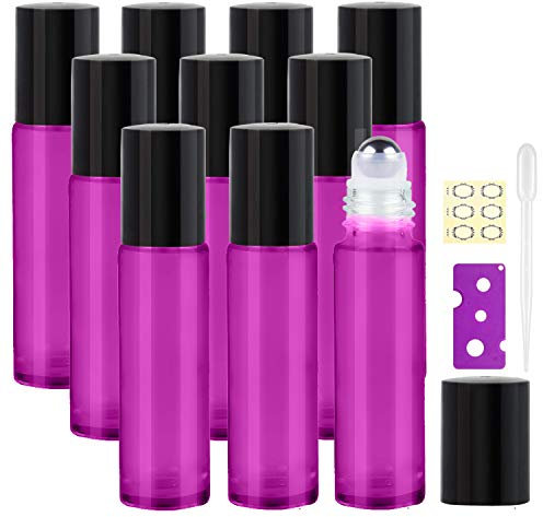 Alledomain 10Pcs, 10ml Essential Oils Roller Bottles - Glass Roll on Bottles with Stainless Steel Roller Balls - Included 1 Bottle Opener & 1 Dropper - Perfect for Aromatherapy (Rose red)