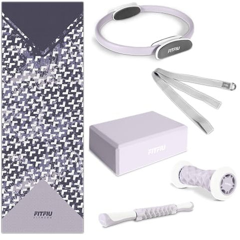 Fitfiu Fitness KITWELL-601-6er-Pack Yoga- und Pilates-Zubehör in Lila mit Matte, Reifen, Block, Fußmassagegerät, Massagestab und Yogagurt, Einzigartiges geometrisches Design
