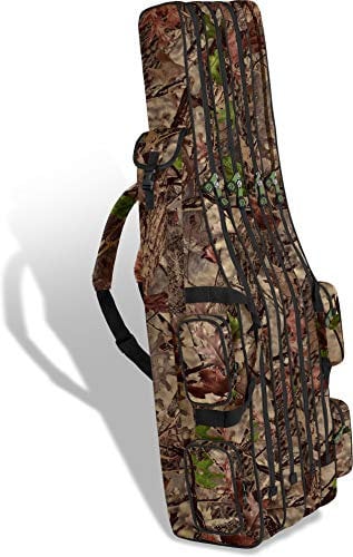 Rutentasche Rod Case Angelkoffer Futteral mit 2, 3 oder 4 Ruten-Fächern, Verschiedene Längen wählbar - stark wasserabweisender Fishing Rucksack Farbe Hunting Camo 4 Innenfächer Größe 125 cm