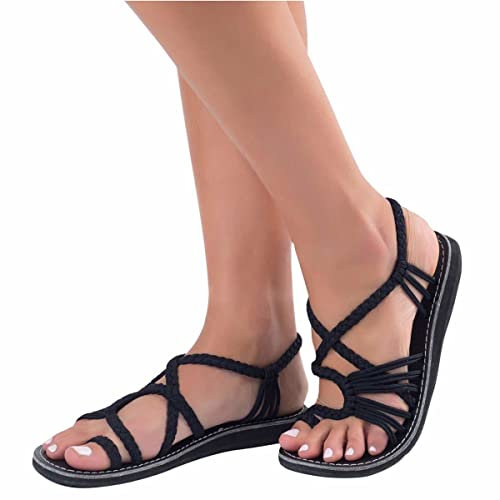 ORANDESIGNE Sandales Plates Tressée Été Bohême Chaussures Bout Ouvert Femme Casual Tongs de Plage Flat A Noir 42 EU
