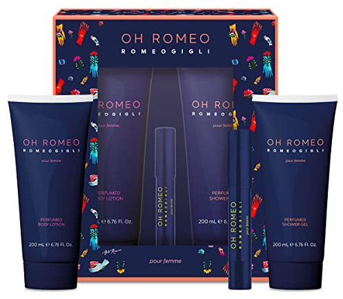 ROMEO GIGLI | Geschenkverpackung für Damen, Körperlotion für Damen, 200 ml + Duschgel 200 ml + Duftstift 3,2 ml, mit holzigem Duft und Bernstein, hergestellt in Italien