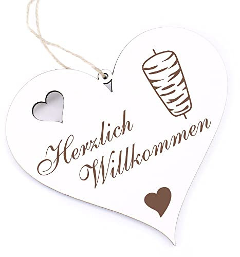 Herzlich Willkommen Schild - Döner Kebab - Deko Herz Holz Willkommensschild Türschild Dekoschild Türdeko