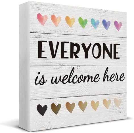 Everyone is Welcome Here Wooden Box Sign Desk Decor, Equality Quote Wood Box Sign for Home Classroom Shelf Table Decoration 5 X 5 Inch