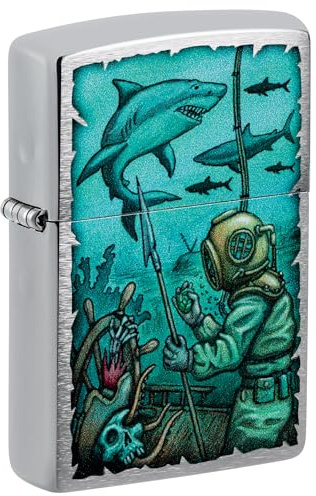 Zippo Shark Nautical Design Brushed Chrome Pocket Lighter