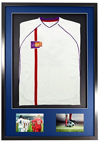 Vivarti DIY Junior 3D Mounted Double Aperture Sports Shirt Display Frame - A1 59.4 x 84cm - Black Frame, Blue Mount, Black Backing Card