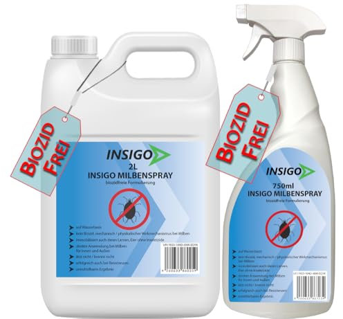 INSIGO 2,75L Milben Abwehr – mechanisches Mittel für Hausstaubmilben abwehren – Milbenspray für Matratzen – Fleckenfrei – Milben Spray