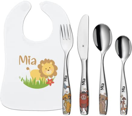 Taufgeschenk/Geschenkset: WMF König der Löwen Kinderbesteck mit Gravur + Lätzchen mit Namen Kleiner Löwe