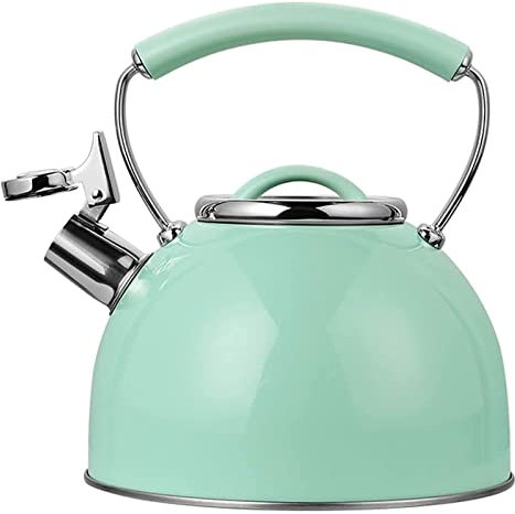Hervidor de agua con silbato de acero inoxidable para estufa, 2,5 l, color verde menta, con mango ergonómico para estufa, tetera de gas con silbato The New