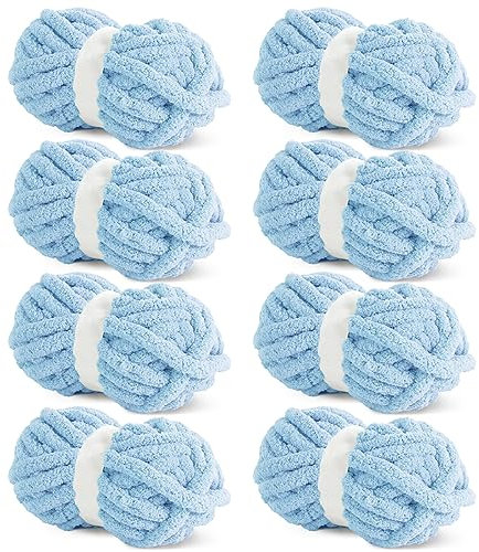 HOMBYS Hellblaues grobes Chenille-Garn zum Häkeln, sperriges, dickes, flauschiges Garn zum Stricken, super sperriges grobes Garn für Handstricken, Decke, weiches Plüschgarn, 8 Jumbo-Packungen (27 m,