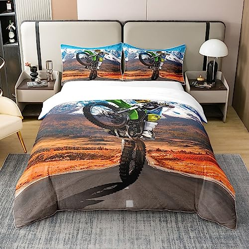 Motocross 100% Baumwolle Bettbezug 135x200 Dirt Bike Bettwäsche Set für Jugend Motorrad Fahrer Tröster Abdeckung Schlafzimmer Dekor Schnee Berg Landschaft Bett Sets mit 1 Kissenbezug Reißverschluss