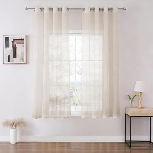 Joydeco Gardinen mit Ösen Transparente 2er Set, Optik Gardine Voile Ösenvorhang Ösenschal Durchsichtig Vorhang Kurz für Schlafzimmer Wohnzimmer Schlaufenschal (2xH137xB140, Leinen)