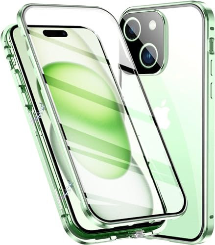 LIUKM Hülle für iPhone 15 Magnetische Adsorption Handyhülle 360 Grad Stoßschutz Vorne hinten Gehärtetes Glas Schutzhülle Metallrahmen Case - Grün