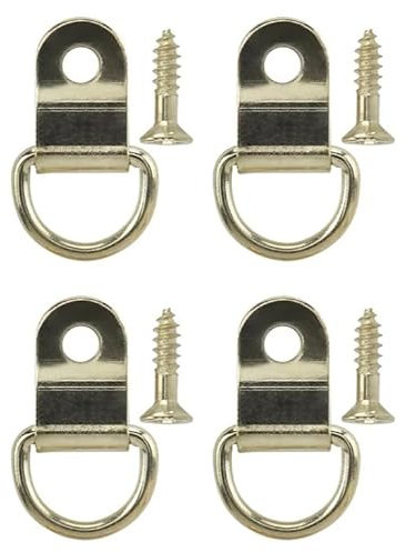 Aretro Medium Brass Plated Picture D Rings & Plates Photo Frame Hanging Hooks Hangers Canvas Hook Wall Bracket Hanger with Screws (1 Pack of 4)