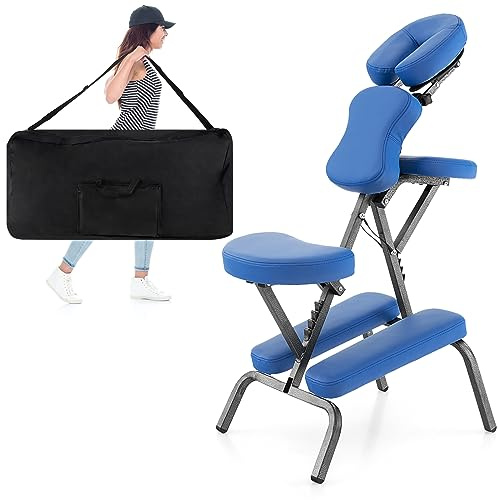 RELAX4LIFE Massagestuhl Klappbar, Tattoostuhl Höhenverstellbar, Therapiestuhl mit Verstellbarer Bruststütze Armablage Kopfstütze Sitz, Behandlungsstuhl mit Tragetasche, bis 160 kg belastbar (Blau)