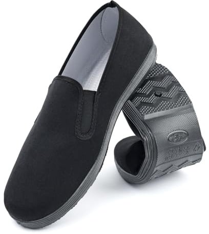 Chinese Style Slippers Kung Fu Tai Chi Old Beijing Martial Arts Shoes,Canvas Rubber Sole Unisex All Black Size Men 10/Women 11