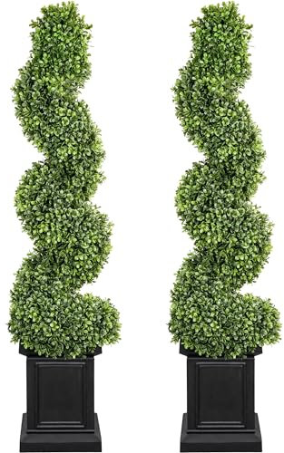 colorspec Artificial Boxwood Outdoor Topiary Set of 2, 3.5ft Tall Outdoor Porch Trees, All-Year Green Fake Plant Topiary Trees Artificial Outdoor with Sturdy Pot for Porch Outdoor Indoor (Spiral)