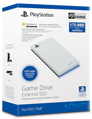 Seagate Game Drive SSD for PS5 1 TB, Unidad de Estado sólido, USB 3.2, con Licencia Oficial, Blanca con iluminación LED Azul, Rescue Services (STMH1000100)