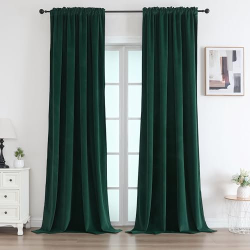 Joydeco Samtvorhänge Blickdicht Dunkelgrün 245x132 HxB 2er Set Verdunklungsvorhänge Thermo Vorhang Kälteschutz Schlafzimmer Gardinen Wohnzimmer