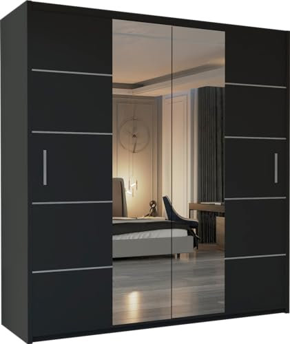 MN Furniture Wavy Sliding Mirror Door Wardrobe with Shelves, Hanging Rails Provide Plenty of Storage For Bedroom (Black, 203cm)