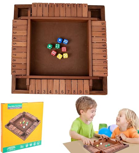 MZSX Brettspiel aus Holz, Familien-Holzbrett-Tisch-Mathe-Spiele für Kinder Klassisches 4-seitiges Holzbrettspiel mit Würfeln und Shut, Holz Brettspiel Würfel Spiel Bar Party Familie Eltern