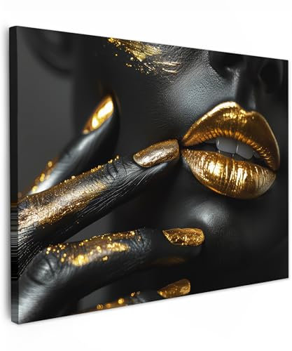 MuchoWow© Leinwände 40x30 cm Wall Decoration Bilder für die Wand Schlafzimmer Deko Pictures Canvas Painting Wanddekoration Wohnzimmer Gold - Lippen - Porträt - Abstrakt - Luxus