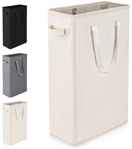 Virklyee Schmaler Wäschekorb, tragbarer Wäschekorb aus Oxford-Stoff, faltbar, für Waschküche, Schlafzimmer und Badezimmer, 45 l, 39 x 19 x 61 cm, Beige