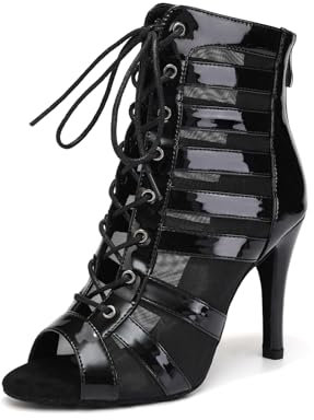 YCALCP Stivali da Ballo Latino Americano Donna con Punta Aperta Stivaletti da Ballo con Lacci con Tacco Alto,DS-K400-QP-Nero,Tacco 9.5cm,Scamosciato,EU 38.5