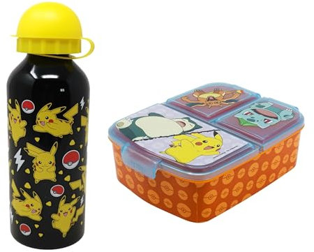 Theonoi Brotdose Set Kinder Lunchbox Sandwichbox mit Unterteilung/Fächern und Trinkflasche Wasserflasche (Pokemon S)