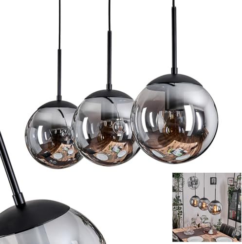 HOFSTEIN Hängeleuchte Gastor, 3-flammige Hängelampe aus Metall/Glas in Schwarz/Rauchfarben/Klar, moderne Pendelleuchte im Retro/Vintage-Design, Ø Schirme 20 cm, E27, Esszimmer, Küche, Wohnzimmer