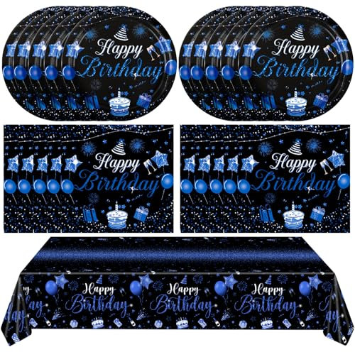 Blue and Black Happy Birthday Party Decorations Happy Birthday Party Supplies Includes Disposable Paper Birthday Plates and Napkins Tablecloth for 13th 16th 18th 20th 30th 40th 50th 60th 70th 80th