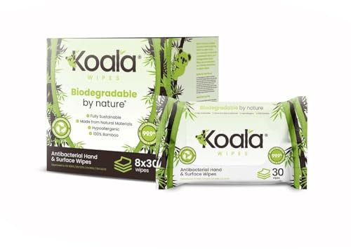 Koala Wipes - 100% Biodegradable Bamboo Wipes, 30 per Pack - Antibacterial Flow Wrap, Hand & Surface Wipes - Gentle on Skin, Alcohol-free & Hypoallergenic - Pack of 8