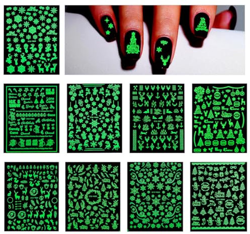 9 Fogli Adesivi Unghie Natale Luminosi - Decorazioni e Stickers per Nail Art con Disegni Natalizi