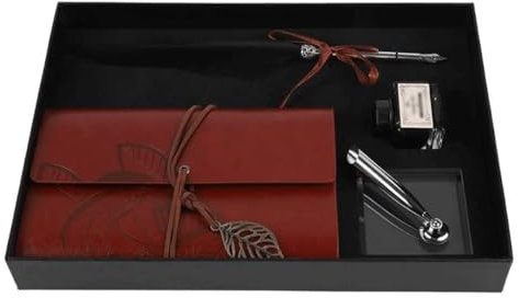 GddOGUK Wyśmienity luksus Füllfederhalter-Set, Leder-Notizbuch mit Feder-Tauchstift-Tintenfass, antiker Füllfederhalter, Schreibfeder, Schreibwaren, Geschenkbox Atemberaubend