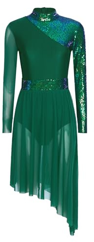 Jhaoyu Damen Eiskunstlauf Kleid Langarm Kürkleid Glitzer Chiffon Tanztrikot Ballett Tanzbody mit Röckchen Eislaufen Wettkämpfe Bühnenanzug Grün L