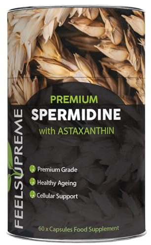 Feel Supreme - Spermidine with Astaxanthin Supplements - Anti Ageing, Cellular Health and Antioxidant Support - Plant Based Antioxidant Supplement, Spermidine Supplements- 60 Capsules