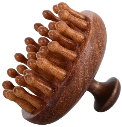 Kopfhautmassagekamm mit 28 Abgerundeten Zinken Holz, Rundes Design | Sandelholz, Ergonomischer Griff mit Knauf, für Trockene Haare und Rücken, Kompakte Größe, 1 Stück