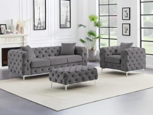 Vente-unique Chesterfield Sofa 3-Sitzer, Sessel & Hocker - Samt - Anthrazit - Edwina