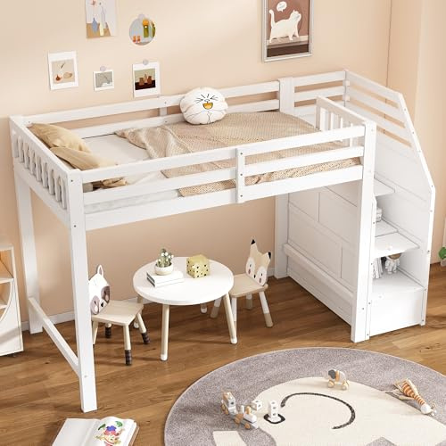 Wiuzo Hochbett, 90x200cm, Bett mit Lattenrost (ohne Matratze), Geländer, Verstaubare Stufen, Freier Raum zum Verkleiden nach Belieben, EN747 Zertifiziert, Weiß