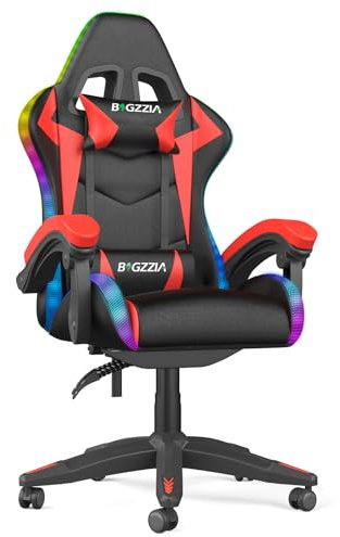 bigzzia Sedia Gaming con Luci RGB, Sedia Ergonomica Gaming con LED, Poltrona da Gioco con Poggiatesta e Supporto Lombare per Stanza dei Giochi, Adolescenti (Utilizzo di RGB, Rosso)
