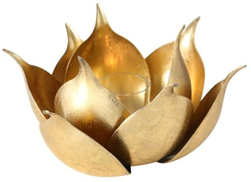 Lotus Windlicht Kerzenhalter, Metall Gold, 20 cm, Handgefertigt