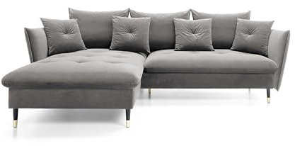 DomoHome Ecksofa Glam mit Schlaffunktion, Freistehend, Ottomane und Goldenen Füßen – Samtsofa im Glamour-Stil für Ihr Wohnzimmer, mit Zierkissen, 258x167x91cm, Linke Seite GRAU