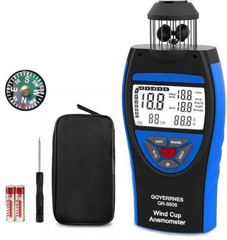 Anemometer Windmesser,GR-8806 Handheld Windmesser,Anemometer misst Windgeschwindigkeit und Temperatur, LCD-Bildschirm Datenspeicherung unterstützt Stativschrauben