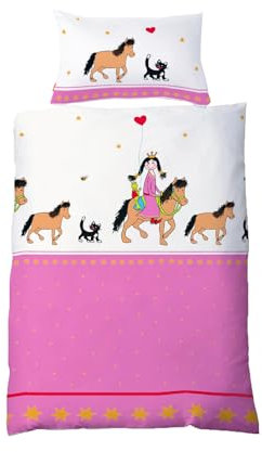 JACK by Fleuresse Renforcé Bettwäsche Baby 2 TLG. 100x135cm Prinzessin Pferd Katze Pink Weiß Reißverschluss