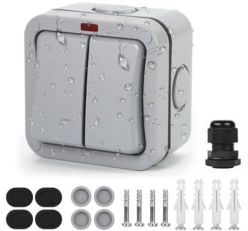 Idota Lichtschalter Außen Wetterfester Schalter Universalschalter, 20A IP66 Doppelschalter mit Staub Unabhängigem Schalter Und Kontrollleuchte Lichtschalter Aufputz für Outdoor Garten Balkon