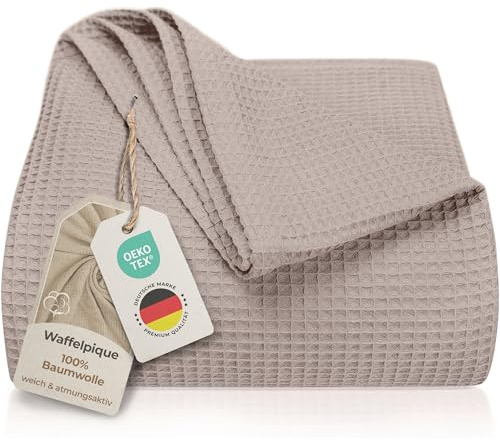 LAYNENBURG Premium Tagesdecke 180 x 220 cm - Waffelpique 100% Baumwolle - leichte Wohndecke Waffeloptik - Baumwolldecke als Bett-Überwurf, Sofa-Überwurf, Couch-Überwurf - Sofa-Decke (Taupe)